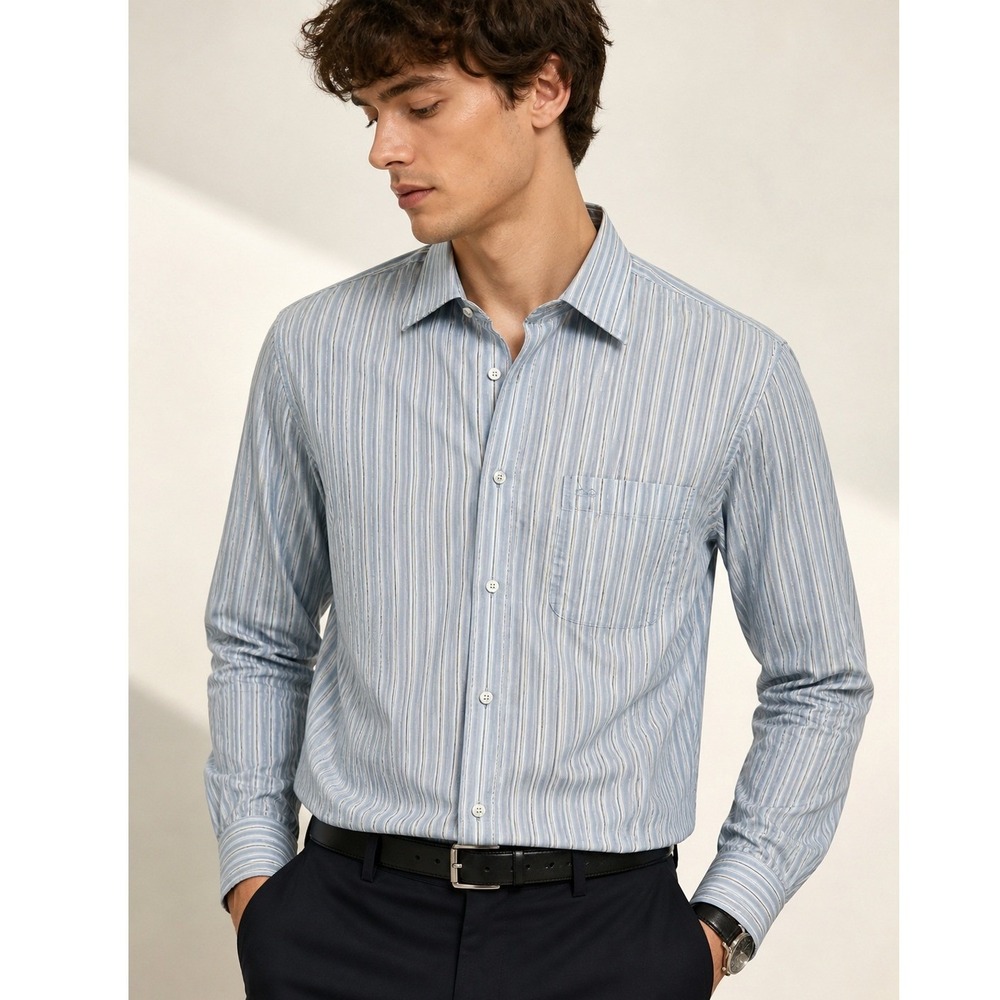 Oscar De La Renta Mens Blue Striped Button Up Shirt Size 15 Long Sleeve Work Top